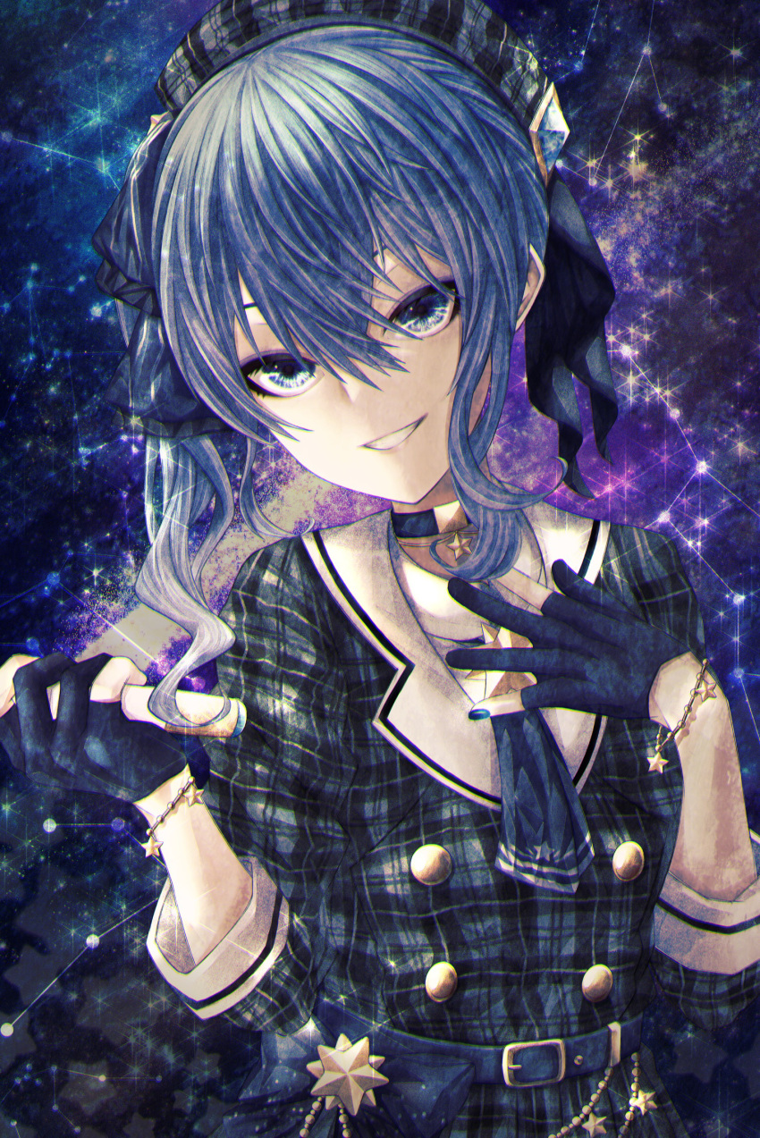 1girl ascot belt beret blue_eyes blue_gloves blue_hair blue_nails bow bracelet charm_(object) choker constellation gloves grin hair_bow hara_guide hat hat_ribbon highres holding holding_microphone hololive hoshimachi_suisei jewelry lips long_hair looking_at_viewer microphone nail_polish partially_fingerless_gloves plaid_headwear ribbon ringlets side_ponytail sidelocks smile solo star_(symbol) star_choker starry_background tsurime virtual_youtuber wavy_hair