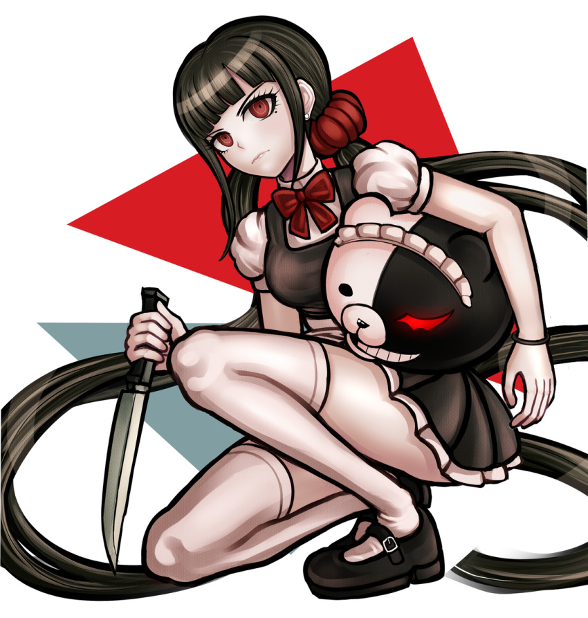 1girl alternate_costume bangs black_footwear blunt_bangs bow breasts brown_hair closed_mouth commentary dangan_ronpa_(series) dangan_ronpa_v3:_killing_harmony enmaided frills green_background hair_ornament hair_scrunchie harukawa_maki highres holding holding_knife holding_weapon knife kurokku-tokei long_hair looking_at_viewer low_twintails maid maid_headdress mary_janes medium_breasts mole mole_under_eye monokuma official_style pleated_skirt puffy_short_sleeves puffy_sleeves red_background red_bow red_eyes red_neckwear red_scrunchie scrunchie shirt shoes short_sleeves skirt solo thigh-highs twintails very_long_hair wavy_mouth weapon white_background zettai_ryouiki
