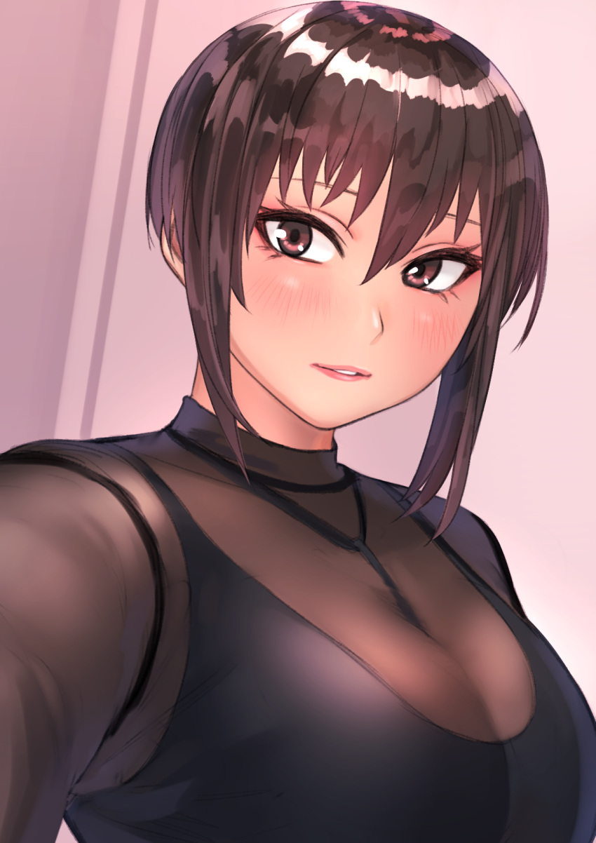 1girl black_bodysuit blush bob_cut bodysuit breasts brown_eyes brown_hair eyebrows_visible_through_hair highres kilye_4421 latex latex_bodysuit looking_at_viewer original short_hair skin_tight solo upper_body