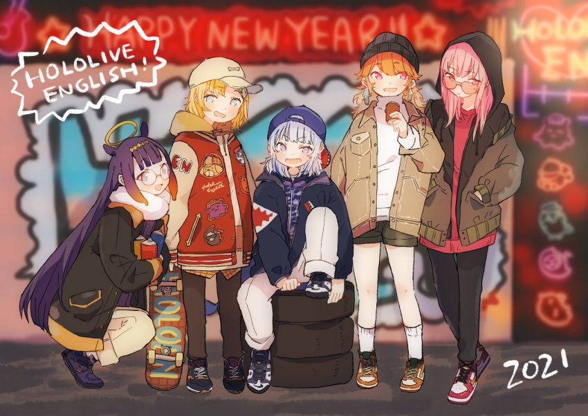 2021 5girls adapted_costume alternate_costume backwards_hat baseball_cap beanie bespectacled blonde_hair bloop_(gawr_gura) bubba_(watson_amelia) copyright_name death-sensei_(mori_calliope) dress gawr_gura glasses graffiti grey_hair halo hands_in_pockets happy_new_year hat holding_skateboard hololive hololive_english hood hooded_jacket jacket letterman_jacket long_hair mole mole_under_eye mori_calliope multicolored_hair multiple_girls new_year ninomae_ina'nis pants pink-tinted_eyewear pink_hair purple_hair shoes shorts skateboard sneakers squatting streaked_hair sunglasses sweater sweater_dress takanashi_kiara tako_(ninomae_ina'nis) taneda_yuuta tire turtleneck turtleneck_sweater very_long_hair violet_eyes watson_amelia