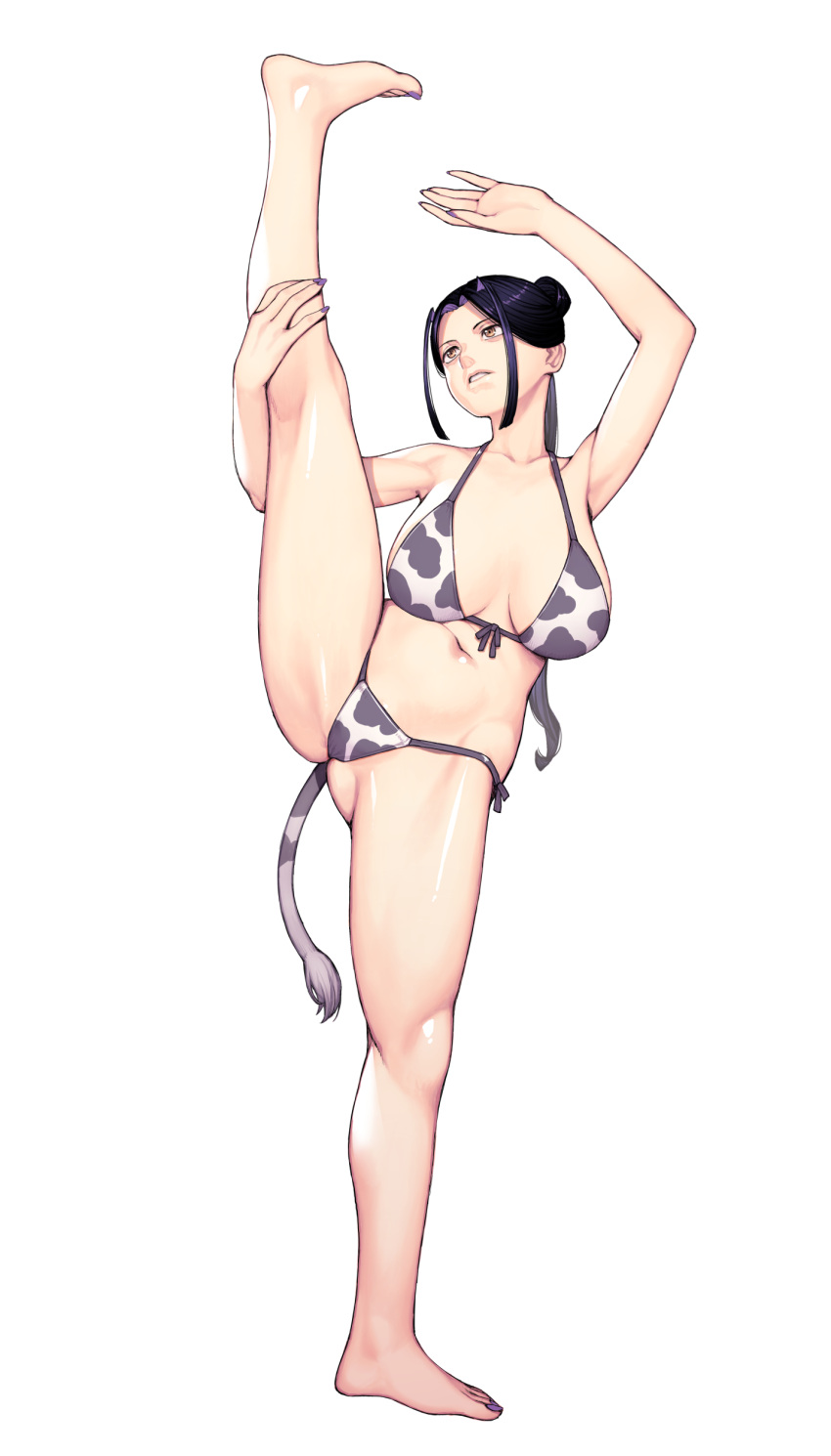 1girl absurdres animal_print armpits ass barefoot bikini black_hair breasts brown_eyes cow_print cow_tail forehead hamada_yoshikazu highres kokuyou large_breasts long_hair navel parted_lips simple_background solo split standing standing_on_one_leg standing_split swimsuit tail tsugumomo white_background