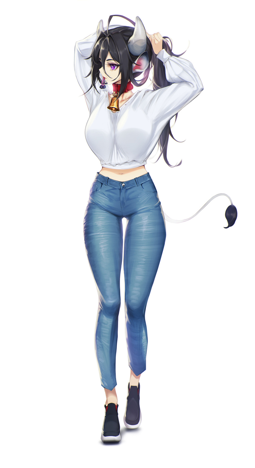 1girl absurdres ahoge arms_up bell bell_collar black_hair blueorca breasts clothes_lift collar collarbone cow_girl cow_horns cow_tail denim eyelashes full_body hair_tie_in_mouth highres horns jeans jingle_bell large_breasts legs lips long_hair looking_to_the_side messy_hair mole mole_under_mouth mouth_hold navel original pants ponytail red_collar shoes simple_background solo sweater sweater_lift tail thigh_gap thighs v-neck very_long_hair violet_eyes walking white_background white_sweater