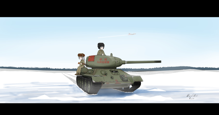 2girls absurdres aircraft artist_request black_eyes brown_eyes caterpillar_tracks chinese_commentary clouds forest grey_hair ground_vehicle gun highres military military_uniform military_vehicle motor_vehicle multiple_girls nature original people's_republic_of_china_flag ponytail short_hair sky snow submachine_gun t-34-85 tank tank_helmet translation_request tree type_58_(tank) uniform weapon
