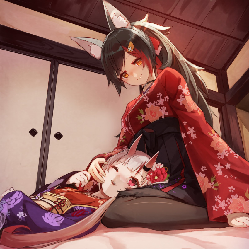 2girls animal_ear_fluff animal_ears bangs black_choker black_hair black_legwear choker commentary eyebrows_visible_through_hair floral_print flower hair_between_eyes hair_flower hair_ornament hairclip hand_on_another's_cheek hand_on_another's_face highres hololive horns japanese_clothes kimono lap_pillow long_hair long_sleeves looking_at_another lying multicolored_hair multiple_girls nakiri_ayame obi on_back one_eye_closed oni_horns ookami_mio open_mouth pantyhose red_eyes red_kimono redhead sash sidelocks silver_hair sitting smile sue_(bg-bros) swept_bangs tail two-tone_hair virtual_youtuber wariza white_sleeves wolf_ears wolf_girl wolf_tail yellow_eyes