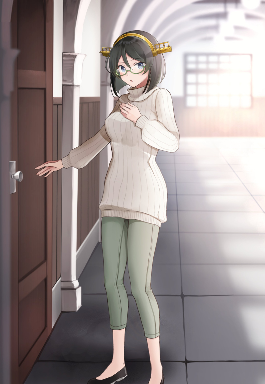 1girl absurdres alternate_costume black_footwear black_hair blue_eyes commentary_request door glasses green-framed_eyewear green_pants hairband hand_on_own_chest highres indoors kantai_collection kirishima_(kantai_collection) long_sleeves looking_at_viewer open_mouth pants ribbed_sweater semi-rimless_eyewear shoes short_hair solo sweater turtleneck turtleneck_sweater under-rim_eyewear white_sweater yunamaro