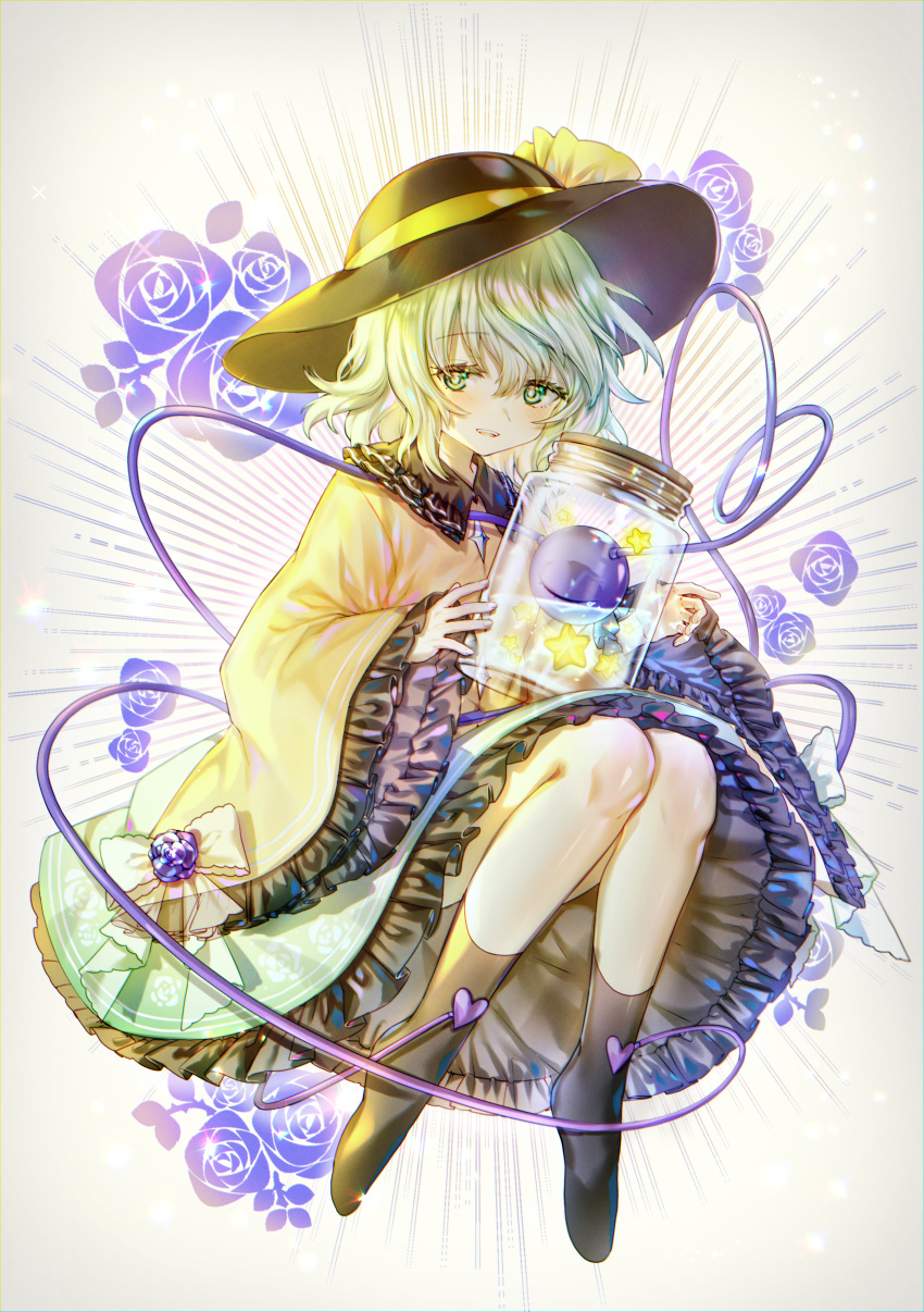 1girl absurdres black_legwear blush collared_shirt eyeball eyelashes floating floral_print flower frilled_shirt_collar frilled_skirt frilled_sleeves frills full_body green_eyes green_hair green_skirt hat hat_ribbon heart heart_of_string here_(hr_rz_ggg) highres huge_filesize jar knees_together_feet_apart knees_up komeiji_koishi light_rays long_sleeves medium_hair parted_lips revision ribbon rose shirt sidelighting skirt smile socks solo star_(symbol) third_eye touhou vignetting wavy_hair wide_sleeves yellow_shirt