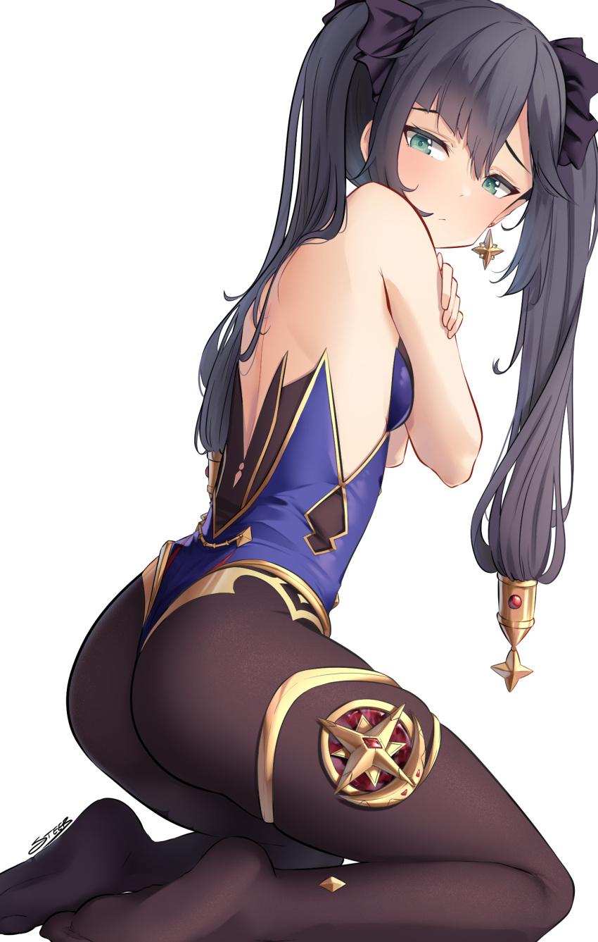 1girl aqua_eyes ass back bare_arms bare_shoulders black_hair blue_leotard bow breasts brown_legwear genshin_impact gold_trim hair_bow highleg highleg_leotard highres leotard long_hair looking_at_viewer looking_back mona_(genshin_impact) no_shoes pantyhose sidelocks simple_background small_breasts solo steeb strapless strapless_leotard thighlet twintails white_background