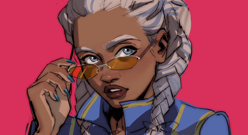 1girl absurdres adjusting_eyewear ahsoka_tano alternate_skin_color blue_eyes blue_jacket blue_nails braid commentary contemporary dark_skin dark-skinned_female english_commentary fingernails grey_hair hand_up highres humanization jacket lips long_hair looking_at_viewer multicolored_hair nail_polish orange-tinted_eyewear parted_lips pink_background portrait simple_background solo star_wars star_wars:_the_clone_wars sunglasses thisuserisalive togruta twin_braids two-tone_hair