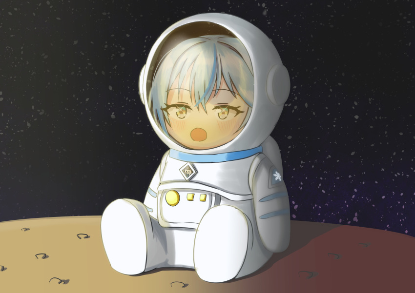 1girl :o absurdres astronaut bangs blue_hair blush chibi hair_between_eyes highres hololive open_mouth outer_wilds sitting solo space_helmet spacesuit sparkling_eyes tsukito_5555 virtual_youtuber yellow_eyes yukihana_lamy