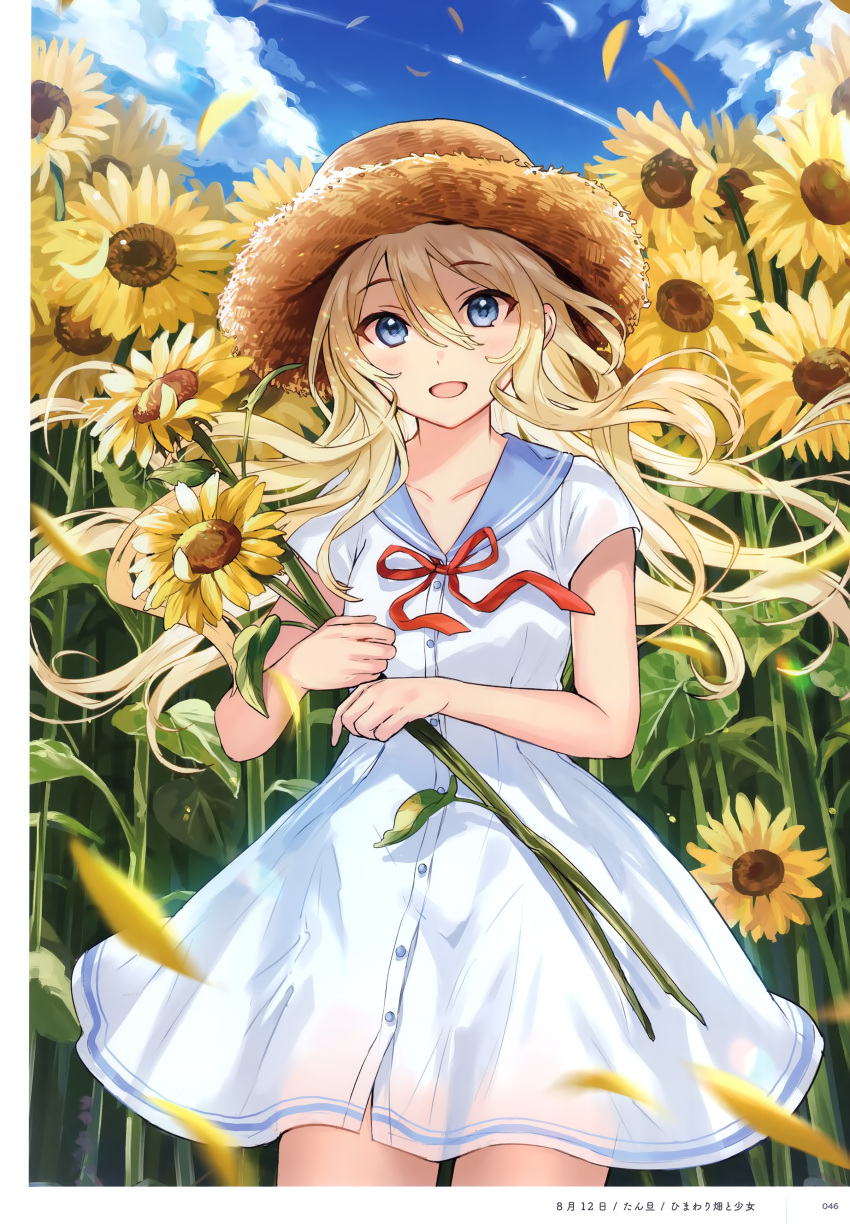 1girl :d absurdres artist_name bare_arms blonde_hair blue_eyes blue_sailor_collar blue_sky blush border bow buttons clouds collarbone condensation_trail cowboy_shot day dress eyebrows_visible_through_hair eyelashes field floating_hair flower flower_field hair_between_eyes hat highres holding holding_flower long_hair looking_at_viewer open_mouth original outdoors page_number petals red_bow sailor_collar sailor_dress shiny shiny_hair short_dress short_sleeves sidelocks sky smile solo standing straw_hat summer sun_hat sunflower tan_(tangent) translated very_long_hair white_dress wind yellow_flower