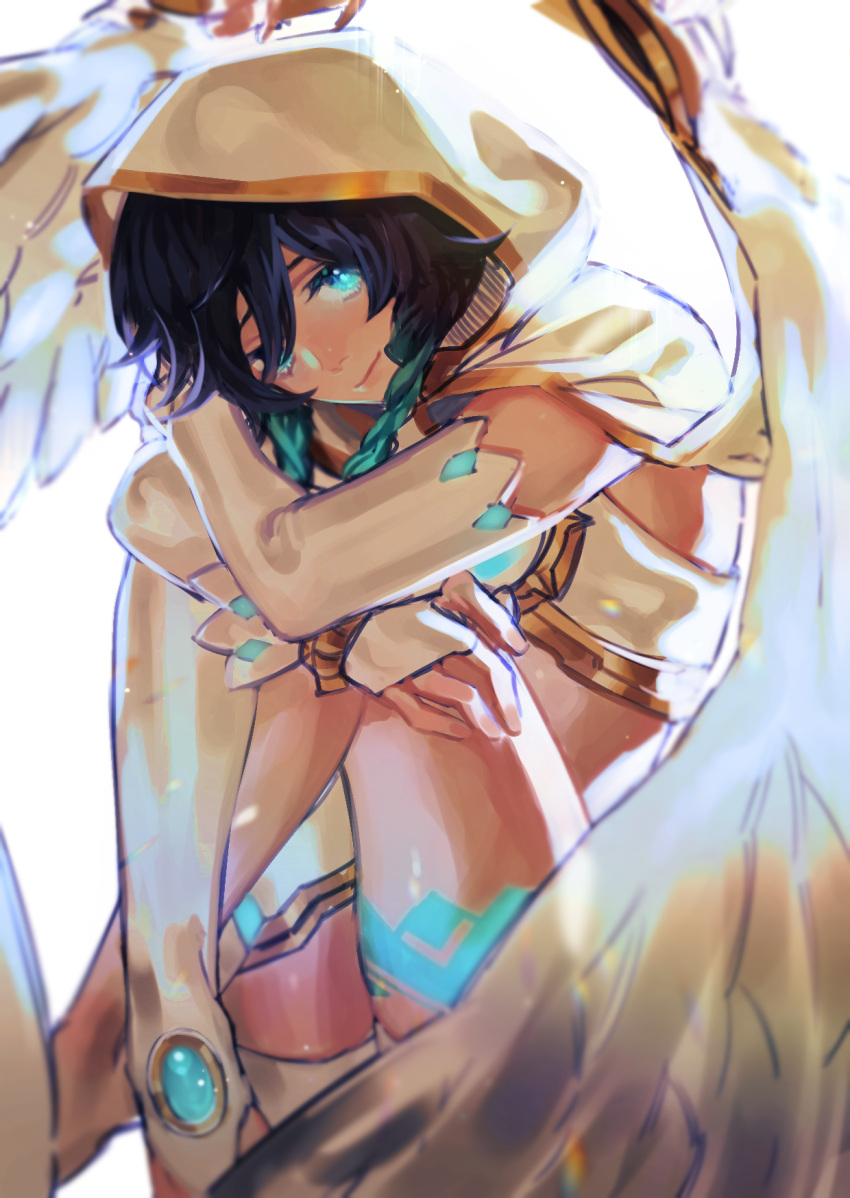 1boy black_hair blue_eyes blue_hair braid cloak detached_sleeves feathered_wings feathers fetal_position gem genshin_impact glowing glowing_tattoo gradient_hair hair_over_one_eye highres hood hood_up hooded_cloak leg_hug long_sleeves looking_at_viewer male_focus multicolored_hair otoko_no_ko owowow0 simple_background single_thighhigh smile solo tattoo thigh-highs twin_braids venti_(genshin_impact) white_background white_cloak white_legwear wings