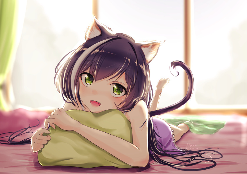 1girl animal_ear_fluff animal_ears artist_name bangs bare_arms blurry blurry_background camisole cat_ears cat_girl cat_tail commentary dated eyebrows_visible_through_hair fang feet fluno frilled_camisole green_eyes highres karyl_(princess_connect!) long_hair looking_at_viewer lying multicolored_hair on_stomach open_mouth princess_connect! princess_connect!_re:dive purple_camisole purple_hair smile soles solo streaked_hair tail white_hair