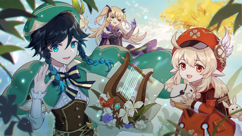 1boy 2girls ahoge backpack bag bag_charm ball bangs bare_shoulders black_hair blonde_hair blue_hair blurry blurry_background blurry_foreground bow braid breasts cabbie_hat cape charm_(object) clouds cloudy_sky detached_sleeves dress eyebrows_visible_through_hair eyepatch fischl_(genshin_impact) flower frilled_sleeves frills gem genshin_impact gloves gradient_hair green_eyes green_headwear hair_between_eyes hair_flower hair_ornament hair_over_one_eye hair_ribbon hand_up hat highres holding holding_ball holding_instrument instrument klee_(genshin_impact) leaf long_hair long_sleeves looking_at_viewer low_twintails lyre male_focus medium_breasts multicolored_hair multiple_girls one_eye_covered open_mouth otoko_no_ko pointy_ears red_eyes red_headwear ribbon seigaaaa simple_background sky small_breasts smile twin_braids twintails two_side_up venti_(genshin_impact) white_flower