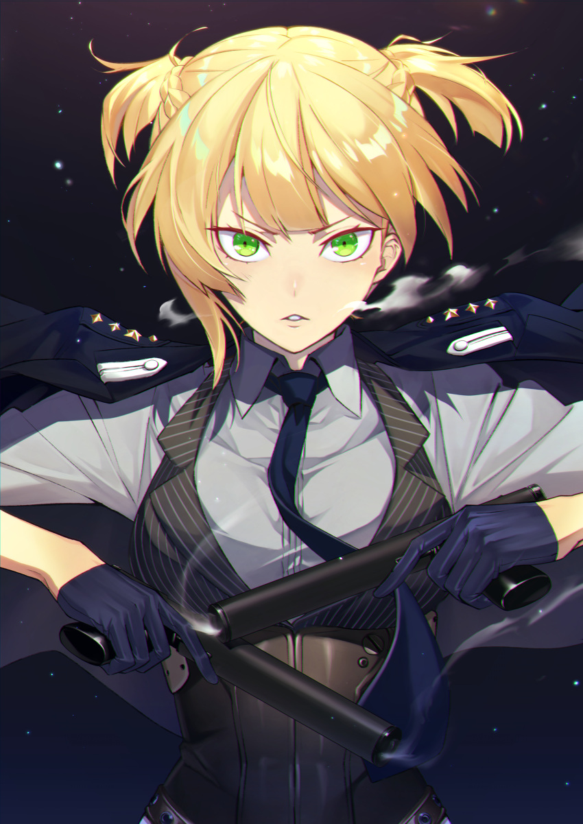 1girl absurdres bangs black_gloves blonde_hair breasts churayuki dual_wielding girls_frontline gloves green_eyes gun highres holding holding_gun holding_hands holding_weapon jacket jacket_on_shoulders looking_at_viewer necktie parted_lips smoke solo two_side_up vest weapon welrod_mk2 welrod_mk2_(girls_frontline)