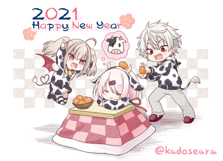 1boy 2021 2girls :d ahoge animal_ears animal_print arms_up bangs basket black_footwear blush boots checkered checkered_background chinese_zodiac collared_shirt commentary_request cow_ears cow_hood cow_horns cow_print cow_tail demon_wings ear_piercing earrings eyebrows_visible_through_hair fake_animal_ears fake_horns fang food fruit grey_hair grey_pants hair_between_eyes hair_ribbon hairband happy_new_year heart heart_tail high_heel_boots high_heels highres holding holding_food hood hood_down hoodie horns horns_pose jewelry kadose_ara kotatsu kuzuha_(nijisanji) long_hair low_ponytail makaino_ririmu mandarin_orange multiple_girls new_year nijisanji open_mouth pants piercing pink_hair pointy_ears ponytail print_hoodie print_shirt print_skirt red_eyes red_footwear red_ribbon red_wings ribbon shiina_yuika shirt skirt slippers smile standing striped striped_legwear table tail thigh-highs thighhighs_under_boots twintails twitter_username v-shaped_eyebrows very_long_hair virtual_youtuber white_hairband white_hoodie wings year_of_the_ox