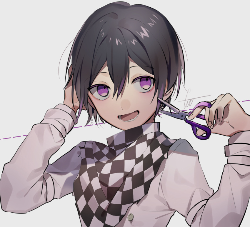 1boy :d alternate_hair_length alternate_hairstyle bangs black_hair checkered checkered_scarf commentary_request dangan_ronpa_(series) dangan_ronpa_v3:_killing_harmony grey_background grey_jacket hair_between_eyes highres holding holding_scissors huyuharu0214 jacket long_sleeves looking_at_viewer lower_teeth male_focus open_mouth ouma_kokichi pink_eyes scarf scissors shiny shiny_hair short_hair signature simple_background smile solo straitjacket upper_body violet_eyes white_background