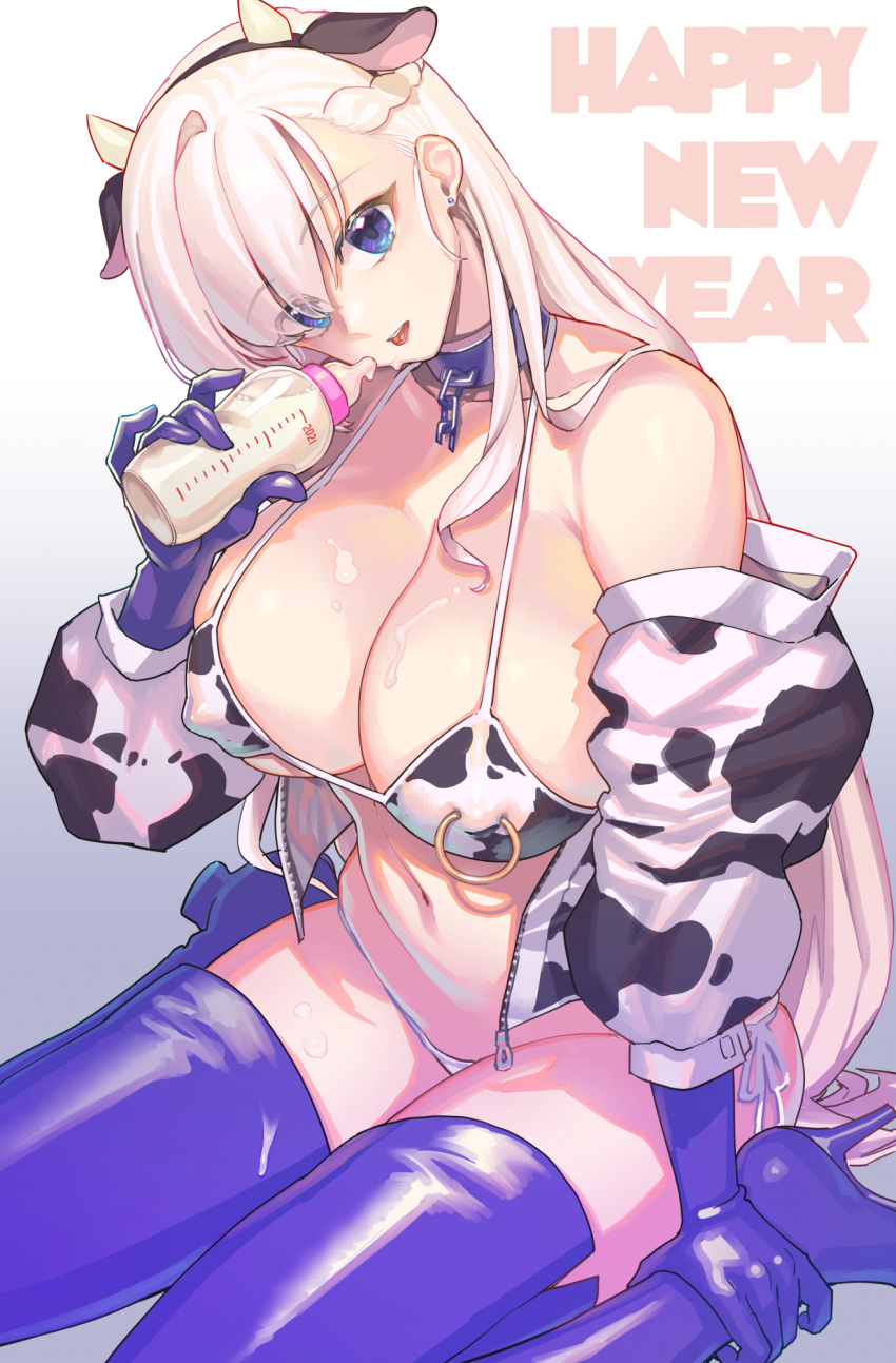 1girl animal_ears animal_print azur_lane belfast_(azur_lane) bikini blue_eyes blue_footwear blue_gloves blue_legwear boots breasts chain collar commentary_request cow_ears cow_horns cow_print detached_sleeves eyebrows_visible_through_hair eyes_visible_through_hair fake_animal_ears fake_horns gloves gradient gradient_background grey_background happy_new_year high_heel_boots high_heels highres horns large_breasts long_hair looking_at_viewer milk navel new_year nipple_piercing piercing sitting solo supurai swimsuit thigh-highs thigh_boots wariza white_hair