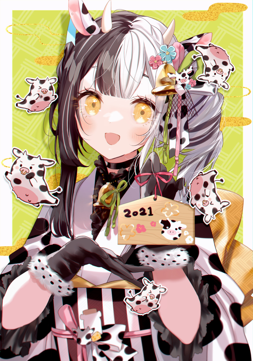 1girl 2021 :d animal animal_ears animal_print bangs bell black_gloves black_hair blush brown_eyes chinese_zodiac commentary_request cow cow_ears cow_girl cow_horns cow_print egasumi ema eyebrows_behind_hair fur-trimmed_gloves fur_trim gloves hair_bell hair_ornament hands_up highres holding horns japanese_clothes kimono long_hair looking_at_viewer misumi_(macaroni) multicolored_hair obi open_mouth original print_kimono sash short_sleeves smile solo twintails two-tone_hair upper_body white_hair white_kimono year_of_the_ox