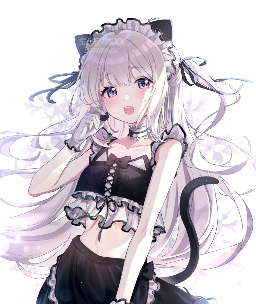 1girl :d animal_ears apron arm_at_side bangs bare_arms bare_shoulders black_apron black_bow black_ribbon blush bow breasts cat_ears cat_girl cat_tail collar collarbone commentary_request cowboy_shot crop_top fang floating_hair frilled_collar frills gloves grey_hair hair_ribbon hand_up highres long_hair looking_at_viewer maid_headdress midriff navel open_mouth pale_skin poddo_(potto) ribbon small_breasts smile solo stomach tail two_side_up upper_teeth violet_eyes waist_apron white_gloves