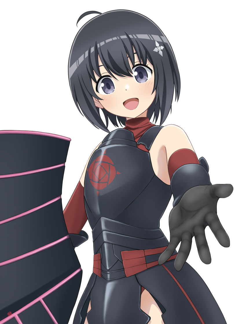 1girl :d absurdres ahoge armor armored_skirt bangs bare_shoulders black_armor black_gloves black_hair bob_cut breastplate commentary elbow_gloves gloves hair_between_eyes hair_ornament head_tilt highres holding holding_shield itai_no_wa_iya_nano_de_bougyoryoku_ni_kyokufuri_shitai_to_omoimasu light_blush looking_at_viewer maple_(bofuri) nao_suke open_hand open_mouth outstretched_arm outstretched_hand panties panty_peek reaching_towards_viewer red_gloves red_panties red_shirt shield shirt short_hair simple_background sleeveless sleeveless_turtleneck smile solo standing tower_shield turtleneck underwear upper_body violet_eyes white_background