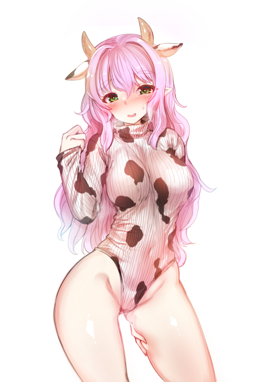 1girl absurdres animal_ears animal_print ass_visible_through_thighs blush breasts cow_ears cow_horns cow_print cowboy_shot extra_ears eyebrows_visible_through_hair green_eyes hair_between_eyes harigane_shinshi highres horns large_breasts leotard long_hair open_mouth original pink_hair pointy_ears ribbed_leotard solo white_background