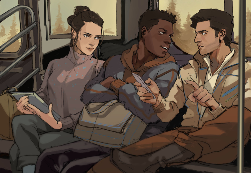 1girl 2boys absurdres backpack bag black_hair boots breasts brown_eyes brown_footwear brown_hair brown_jacket brown_pants cellphone closed_mouth collared_shirt commentary contemporary crossed_arms crossed_legs dark_skin dark_skinned_male english_commentary finn_(star_wars) grey_eyes grey_pants hair_bun highres holding holding_phone hood hoodie jacket lips long_sleeves looking_at_another looking_to_the_side multiple_boys open_clothes open_jacket open_mouth pants parted_lips phone pink_lips pink_shirt poe_dameron pointing rey_(star_wars) seat shirt short_hair sitting sketch smile star_wars sweater thisuserisalive train_interior turtleneck turtleneck_sweater upper_teeth white_shirt window