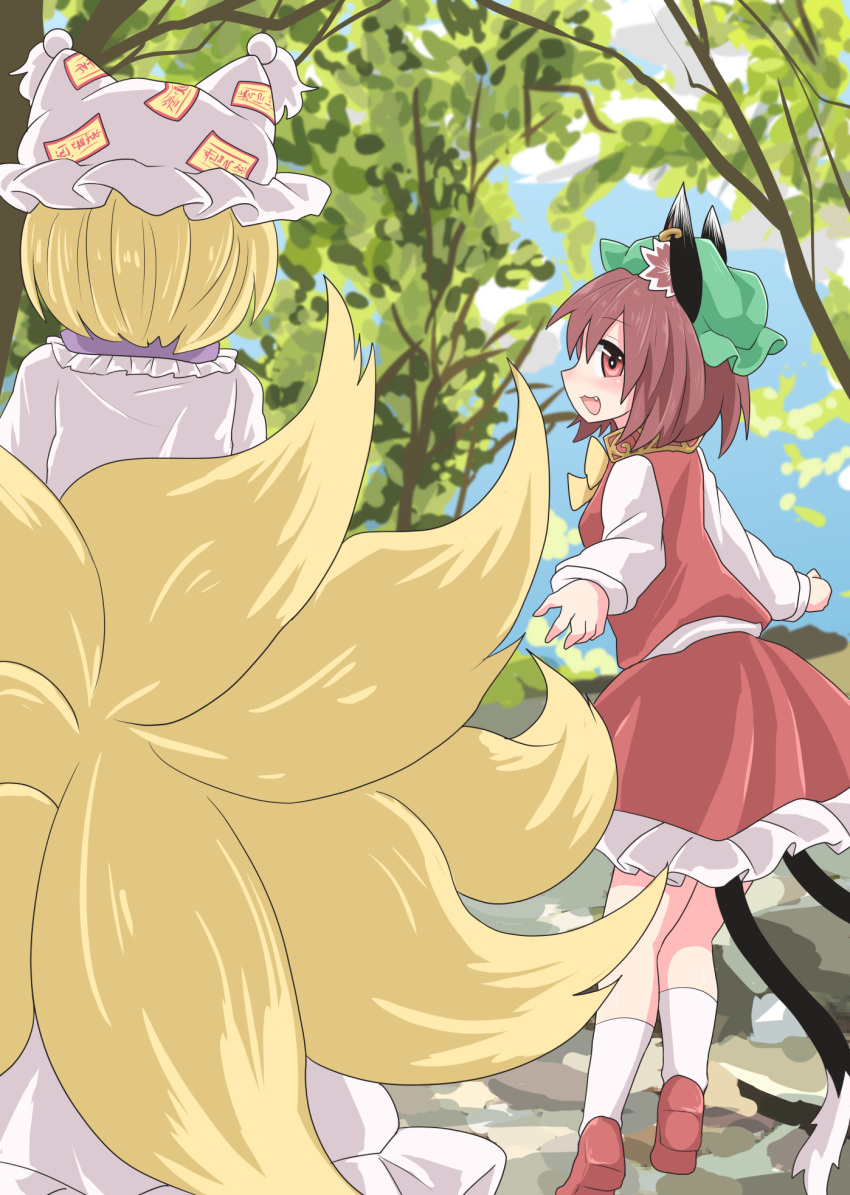 2girls animal_ear_fluff bangs black_tail blonde_hair blue_sky brown_hair cat_tail chen chups clouds dress eyebrows_visible_through_hair fang fox_tail from_behind green_headwear hat highres jewelry long_sleeves looking_at_viewer mob_cap multiple_girls multiple_tails open_mouth outdoors pillow_hat red_footwear red_shirt red_skirt shirt single_earring skirt sky smile tail touhou tree tree_branch two_tails white_dress white_headwear white_legwear yakumo_ran yellow_neckwear yellow_tail
