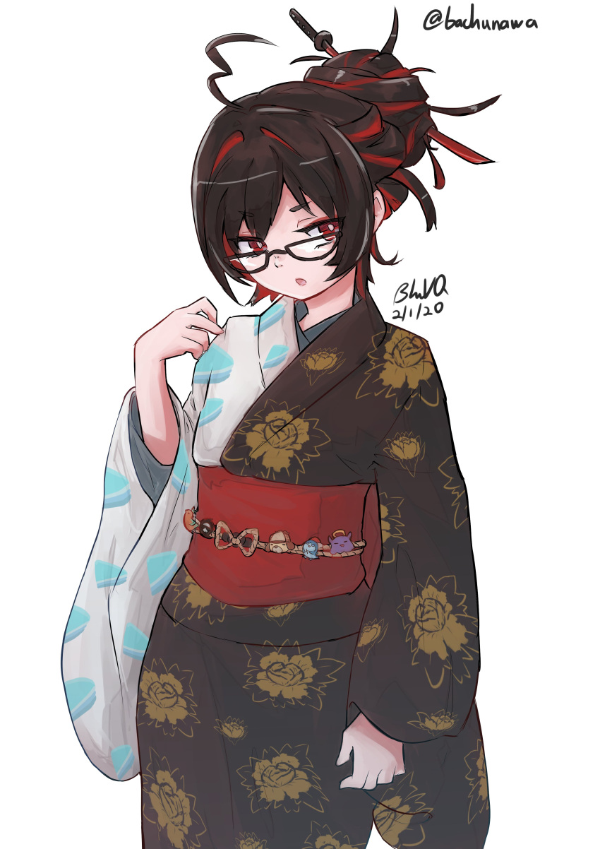 1girl absurdres ahoge alternate_costume alternate_hairstyle bachunawa black-framed_eyewear black_hair bloop_(gawr_gura) bright_pupils brown_kimono bubba_(watson_amelia) character_pin cowboy_shot dated death-sensei_(mori_calliope) enma-chan eyeshadow glasses hair_bun hair_up hand_up highres hololive hololive_english japanese_clothes katana kimono logo looking_to_the_side makeup messy_hair multicolored_hair obi open_mouth red_eyes red_eyeshadow sash sidelocks signature simple_background solo streaked_hair sword tako_(ninomae_ina'nis) triangle_print tsurime twitter_username two-tone_hair weapon white_background white_pupils