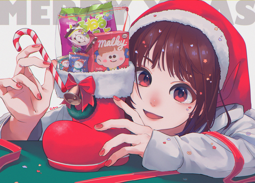 1girl absurdres bell boots brown_hair candy candy_cane christmas food hat highres huge_filesize looking_at_viewer merry_christmas original red_eyes red_footwear red_nails ritao_kamo santa_hat signature upper_body