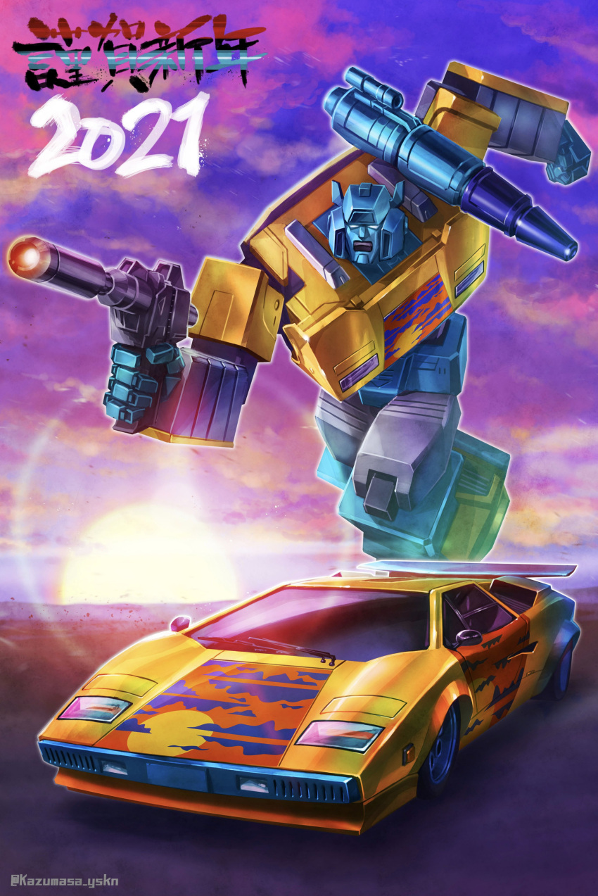 absurdres alternate_color artist_name autobot blue_eyes car chinese_zodiac clenched_hand ground_vehicle gun happy_new_year highres holding holding_gun holding_weapon lamborghini lamborghini_countach mecha motor_vehicle new_year no_humans open_mouth running science_fiction shoulder_cannon sideswipe transformers weapon yasukuni_kazumasa year_of_the_ox