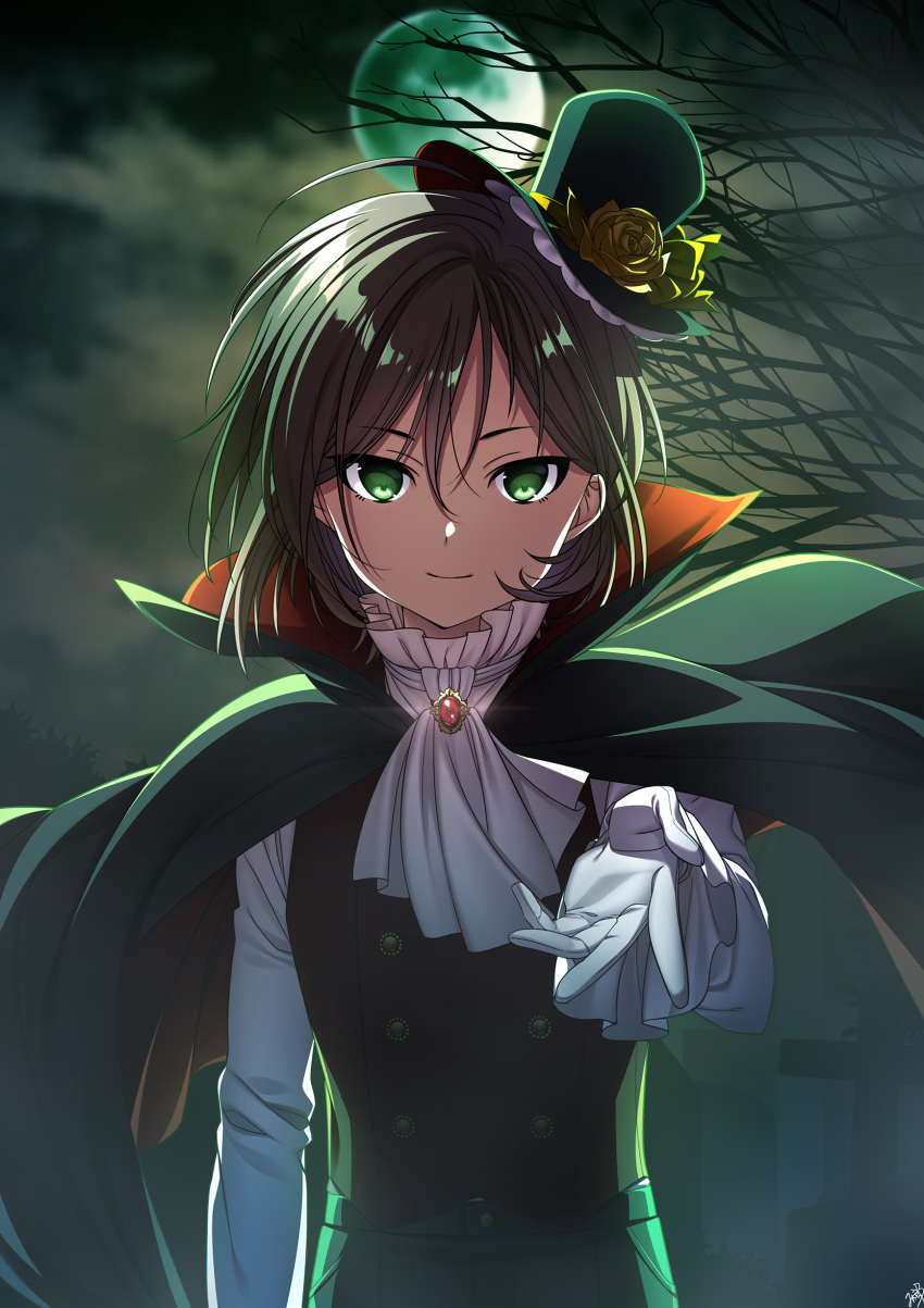 1girl absurdres black_cape brooch brown_hair cape character_request commentary_request copyright_request cowboy_shot cravat flower full_moon gloves green_eyes halloween_costume hat hat_flower highres jewelry long_sleeves looking_at_viewer mikapoe mini_hat mini_top_hat moon night reaching_out shirt short_hair solo top_hat tree_branch vampire_costume vest white_gloves white_shirt