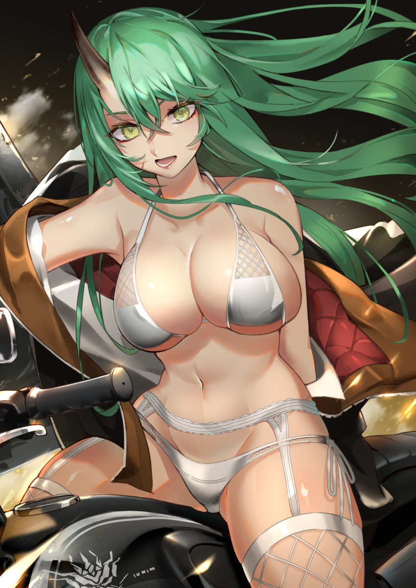 1girl :d absurdres arknights bangs bare_shoulders bra breasts fishnet_legwear fishnets garter_belt green_hair hair_between_eyes haowei_wu highres horns hoshiguma_(arknights) large_breasts long_hair looking_at_viewer open_mouth panties side-tie_panties single_horn smile solo underwear underwear_only white_bra white_panties yellow_eyes