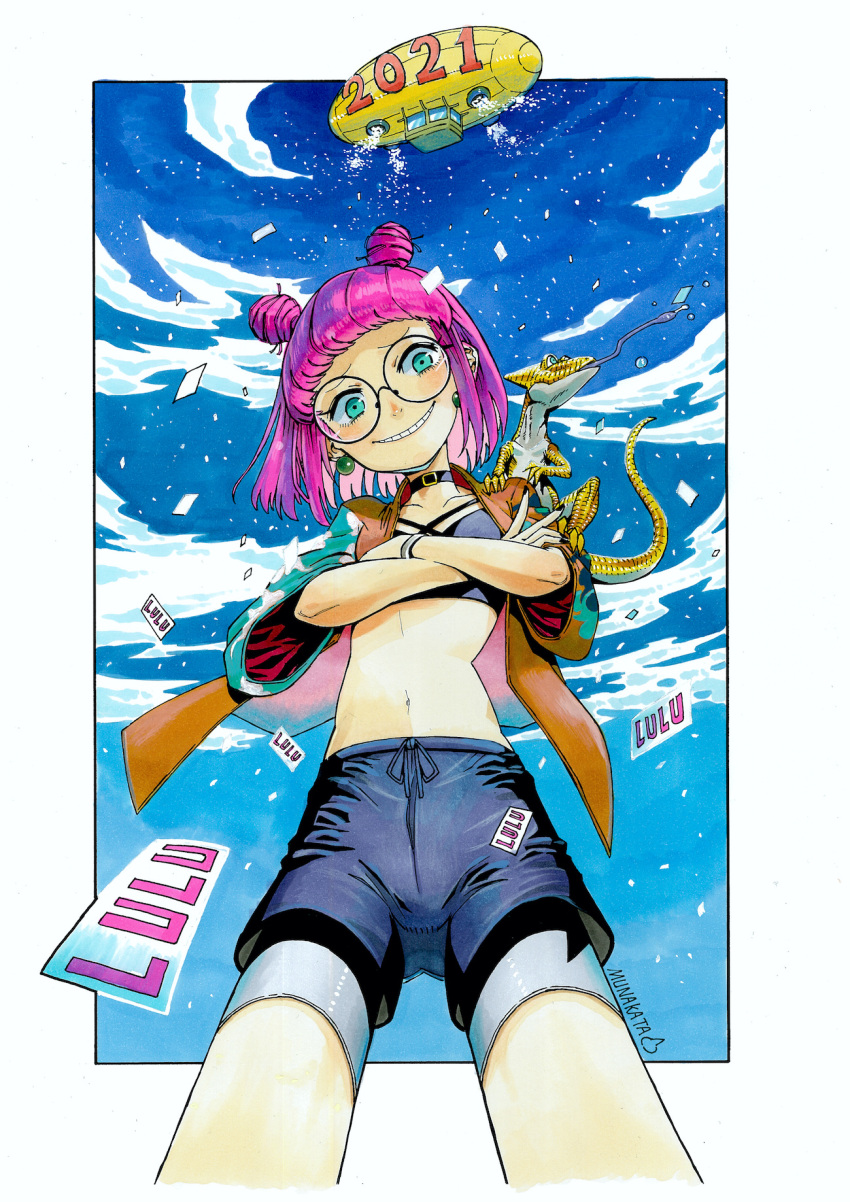 1girl 2021 aircraft animal_on_shoulder aqua_eyes black_shorts blue_sky blush border borrowed_character character_name choker clouds cloudy_sky confetti cowboy_shot crossed_arms dirigible double_bun earrings feet_out_of_frame glasses highres jewelry lizard looking_at_viewer lulu_(luulubuu) midriff munakata_(sekimizu_kazuki) navel open_clothes open_shirt original outside_border parted_lips pink_hair short_hair shorts signature sky smile solo white_border