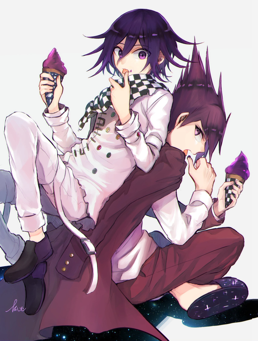 2boys back-to-back bangs beard black_footwear checkered checkered_neckwear checkered_scarf dangan_ronpa_(series) dangan_ronpa_v3:_killing_harmony double-breasted facial_hair food goatee hand_up hands_up highres holding ice_cream ice_cream_cone indian_style jacket jacket_on_shoulders kitsunebi_v3kokonn knees_up long_sleeves looking_at_another looking_at_viewer male_focus momota_kaito multiple_boys open_mouth ouma_kokichi pants pink_hair pink_jacket pink_pants profile purple_hair scarf shirt shoes short_hair sideways_glance simple_background sitting smile space_print spiky_hair starry_sky_print straitjacket tongue tongue_out violet_eyes white_background white_jacket white_pants white_shirt