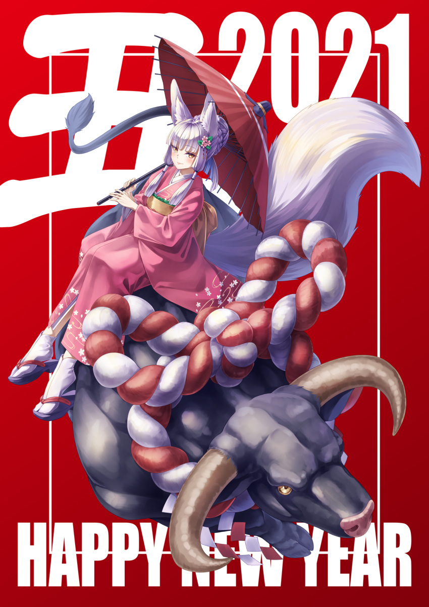 1girl 2021 animal_ear_fluff animal_ears bangs blunt_bangs blush bull commentary_request eyebrows_visible_through_hair fox_ears fox_tail hair_bun hair_tubes happy_new_year highres japanese_clothes kazuki_seihou kimono looking_at_viewer new_year obi oil-paper_umbrella original ouka_(kazuki_seihou) sash short_hair_with_long_locks silver_hair sitting solo tabi tail umbrella yellow_eyes