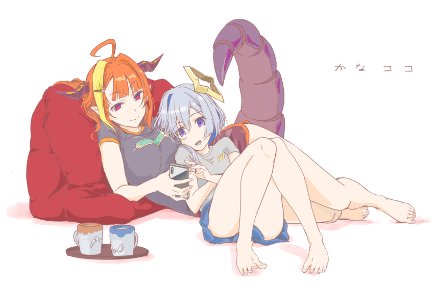 2girls ahoge alternate_costume amane_kanata angel asacoco bangs bare_legs barefoot bean_bag_chair black_shirt blonde_hair blue_eyes blue_hair blunt_bangs breasts cellphone colored_inner_hair commentary_request cuddling cup dolphin_shorts doukyo's dragon_girl dragon_horns dragon_tail eyebrows_visible_through_hair feet fingernails grey_shirt hair_between_eyes hair_ornament hairclip halo head_on_chest highlights highres holding holding_phone hololive horns kiryuu_coco long_hair looking_away lying lying_on_person mug multicolored multicolored_eyes multicolored_hair multiple_girls on_floor on_side orange_hair phone print_shirt red_eyes ringo_yadoku scales shirt short_hair short_shorts short_sleeves shorts silver_hair simple_background smartphone streaked_hair tail translation_request violet_eyes virtual_youtuber white_background