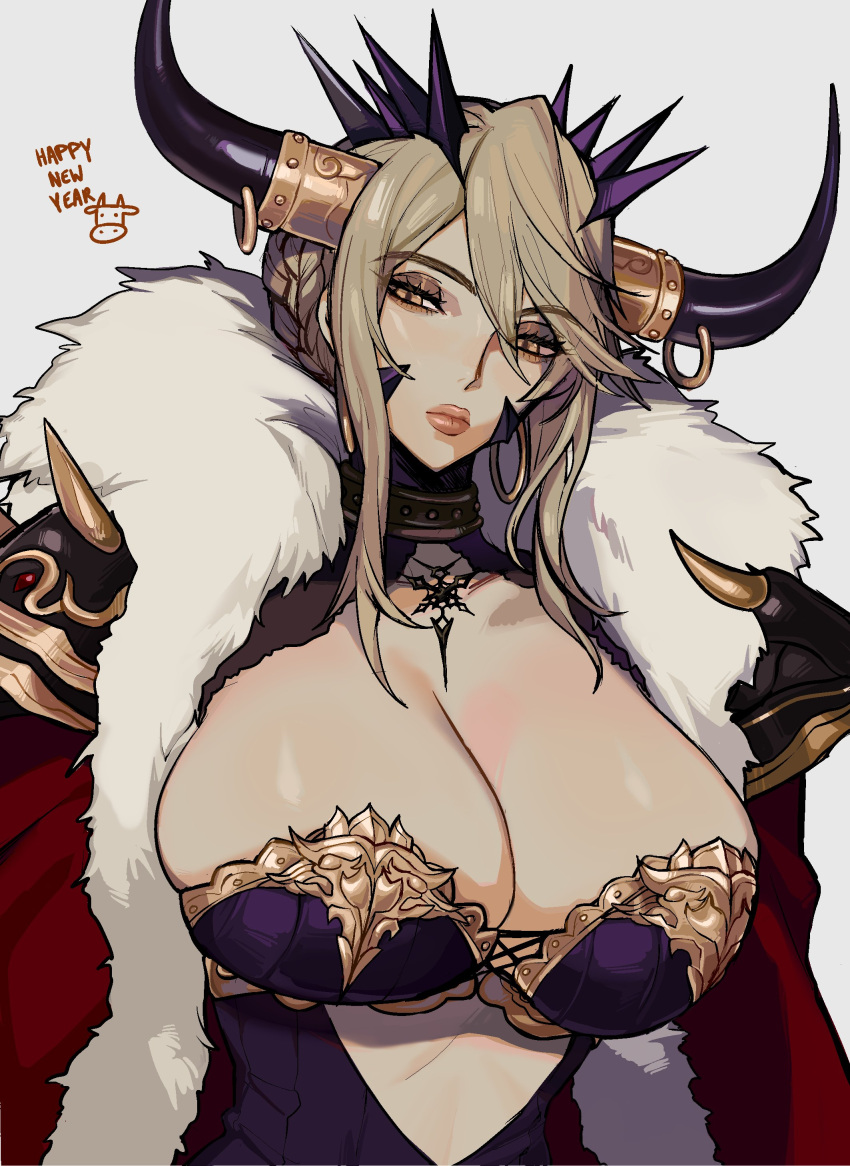 absurdres artoria_pendragon_(all) artoria_pendragon_(lancer_alter) blonde_hair breasts brown_eyes chinese_zodiac ennuigrl fate/grand_order fate_(series) grey_background happy_new_year highres huge_breasts lips long_hair new_year ox_horns simple_background