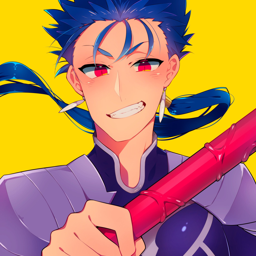 1boy absurdres armor beriko_(cr_beriko) blue_hair close-up cu_chulainn_(fate)_(all) earrings fang fate/stay_night fate_(series) floating_hair gae_bolg grin highres holding holding_polearm holding_weapon jewelry lancer long_hair looking_at_viewer male_focus pauldrons polearm ponytail red_eyes shoulder_armor simple_background slit_pupils smile solo spiky_hair type-moon weapon yellow_background