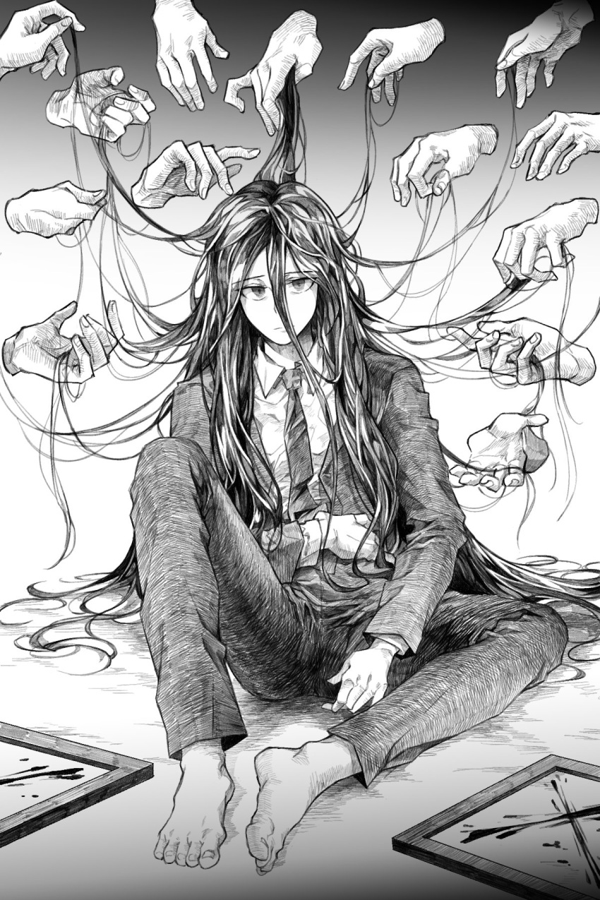 1boy bambi_(bam7752) barefoot blood collared_shirt commentary_request dangan_ronpa_(series) dangan_ronpa_3_(anime) disembodied_limb formal full_body greyscale hair_between_eyes hand_on_own_stomach highres jacket kamukura_izuru long_hair long_sleeves looking_at_viewer male_focus monochrome necktie open_clothes open_jacket pants shirt sitting solo_focus