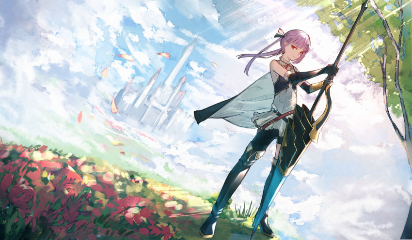 1girl armored_boots black_legwear boots clouds cloudy_sky collar commentary_request day dress elbow_gloves field flower flower_field frilled_collar frilled_dress frills full_body gloves grass hair_ribbon holding holding_lance holding_polearm holding_weapon lance live_union long_hair looking_at_viewer neck_ribbon official_art outdoors polearm red_eyes red_ribbon ribbon ruri_enma_(live_union) sky sleeveless sleeveless_dress solo standing tree twintails virtual_youtuber watori_re weapon