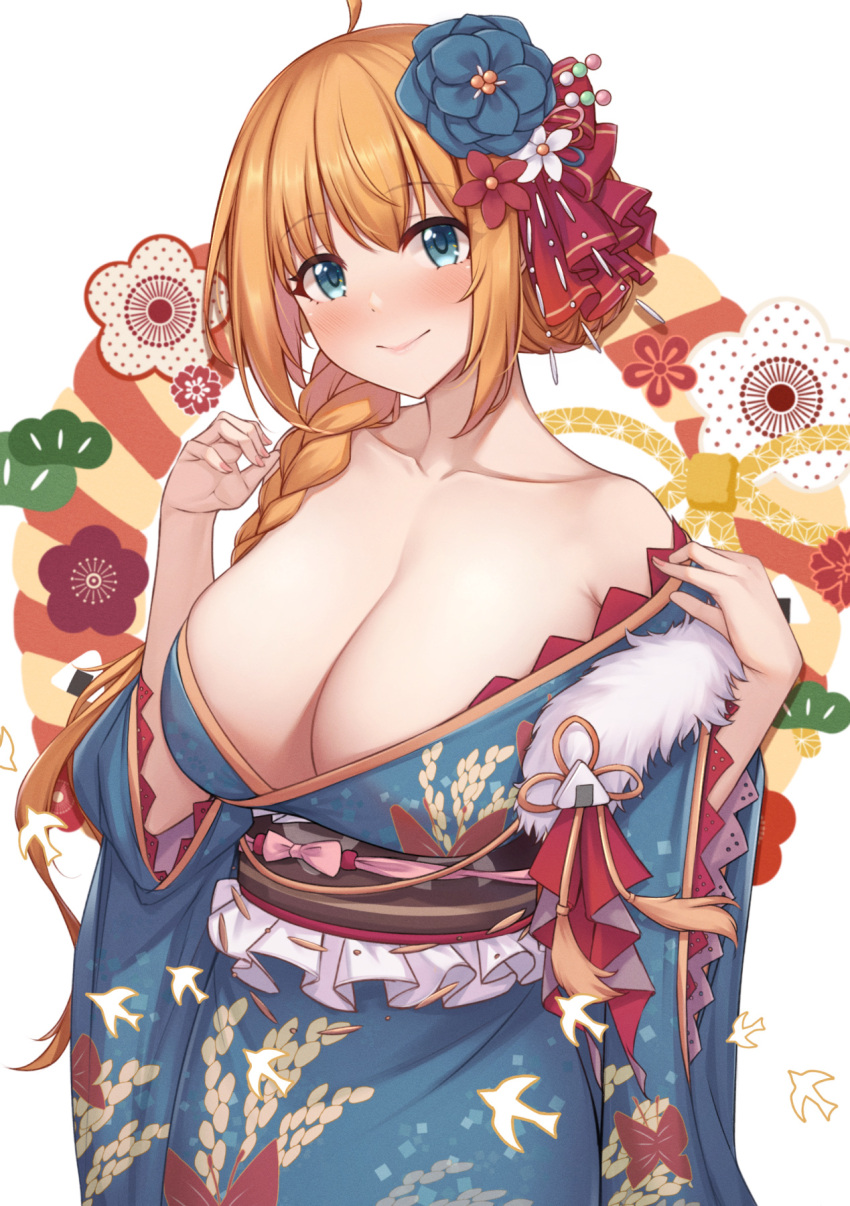 1girl ahoge alternate_hairstyle animal_print aqua_eyes bangs bare_shoulders blue_kimono braid breasts butterfly_print closed_mouth collarbone commentary_request curvy eyebrows_visible_through_hair flower fou_zi fur_trim hair_flower hair_ornament highres japanese_clothes kimono large_breasts light_smile long_hair looking_at_viewer obi orange_hair pecorine_(princess_connect!) princess_connect! princess_connect!_re:dive sash single_braid solo white_background