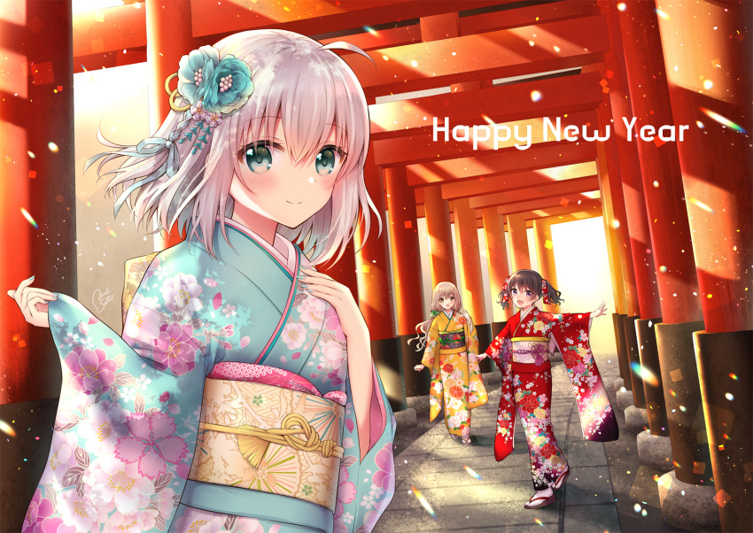 3girls :d ahoge bangs black_hair blue_flower blue_kimono blue_nails blush brown_eyes brown_footwear brown_hair closed_mouth commentary_request day eyebrows_visible_through_hair floral_print flower green_eyes hair_between_eyes hair_flower hair_ornament happy_new_year highres japanese_clothes kimono long_hair long_sleeves multiple_girls multiple_torii nail_polish nengajou new_year obi open_mouth original outdoors outstretched_arm print_kimono red_kimono sash sato_ame silver_hair smile socks standing standing_on_one_leg tabi very_long_hair violet_eyes white_legwear wide_sleeves yellow_kimono zouri