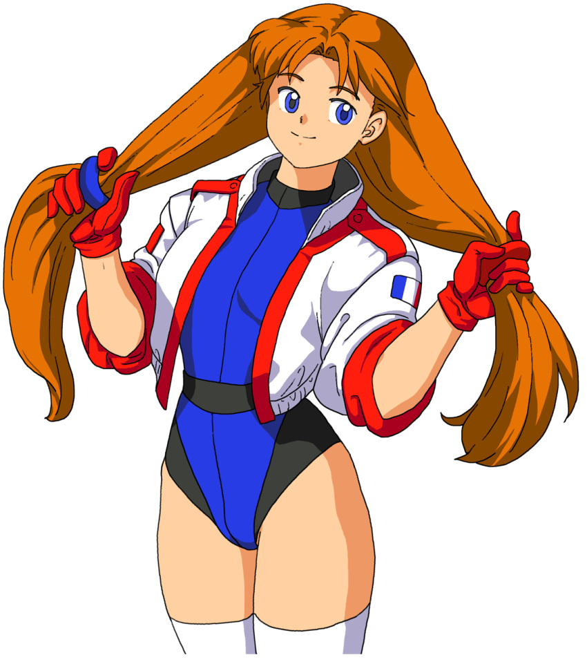 1girl arms_up belt blue_eyes blue_leotard brown_hair bunching_hair commentary_request cropped_jacket french_flag gloves highres jacket leotard long_hair namco numan_athletics oggy_(oggyoggy) red_gloves retro_artstyle sharon_les_halles simple_background smile solo thigh-highs thighs twintails very_long_hair white_background white_jacket white_legwear