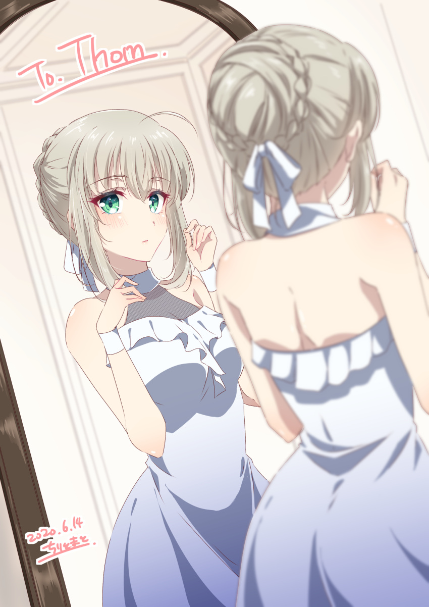 1girl ahoge alternate_costume bangs bare_arms bare_shoulders braid braided_bun breasts chiri_to_mato closed_mouth collarbone commentary_request contrapposto dated dress fate_(series) from_behind gray_(lord_el-melloi_ii) green_eyes grey_dress hair_bun hair_ribbon hands_up highres indoors lord_el-melloi_ii_case_files medium_breasts mirror reflection ribbon short_hair signature sleeveless sleeveless_dress solo white_dress white_ribbon wrist_cuffs