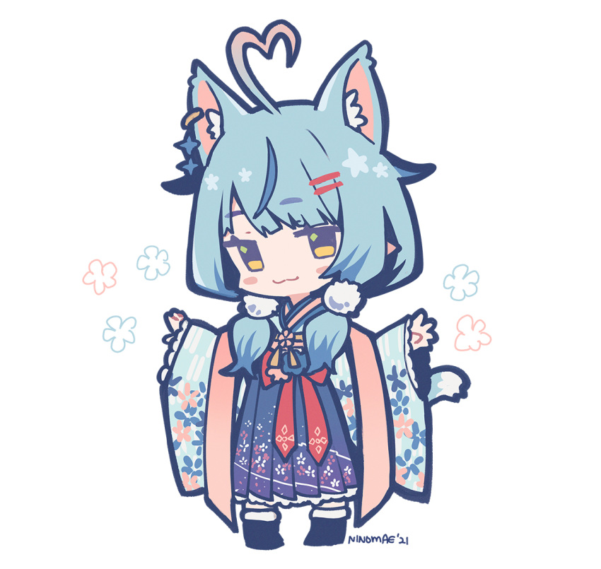 1girl :3 ahoge animal_ear_fluff animal_ears artist_name blue_hair blush cat_ears cat_tail chibi eyebrows_visible_through_hair floral_print full_body hair_ornament hairclip heart_ahoge hololive japanese_clothes kimono long_hair looking_at_viewer ninomae_ina'nis_(artist) official_alternate_costume simple_background standing tail virtual_youtuber white_background wide_sleeves yellow_eyes yukihana_lamy