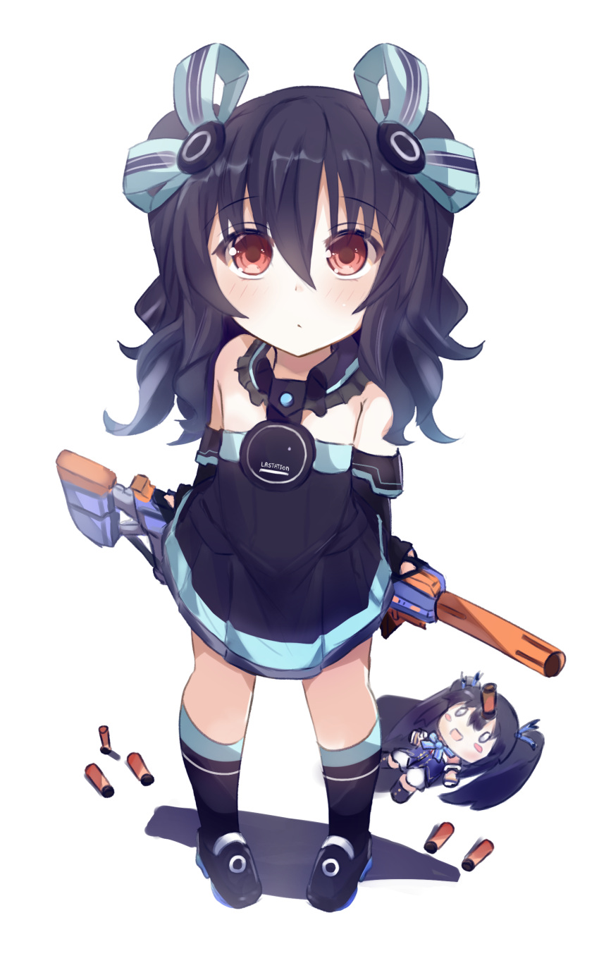 1girl absurdres bimmy black_dress black_hair blush character_doll detached_sleeves dress eyebrows_visible_through_hair from_above hair_between_eyes hair_ornament highres neptune_(series) red_eyes simple_background solo two_side_up uni_(neptune_series) white_background