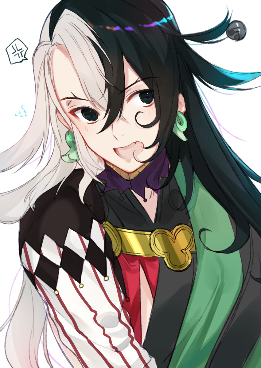 1boy absurdres ambiguous_gender androgynous ashiya_douman_(fate) asymmetrical_clothes asymmetrical_hair bell black_eyes black_hair curly_hair earrings fang fate/grand_order fate_(series) green_kimono hair_bell hair_between_eyes hair_intakes hair_ornament highres ico_(cicic_o) japanese_clothes jewelry kimono long_hair magatama magatama_earrings male_focus multicolored_hair open_clothes open_kimono ribbed_sleeves smile solo two-tone_hair upper_body very_long_hair white_hair