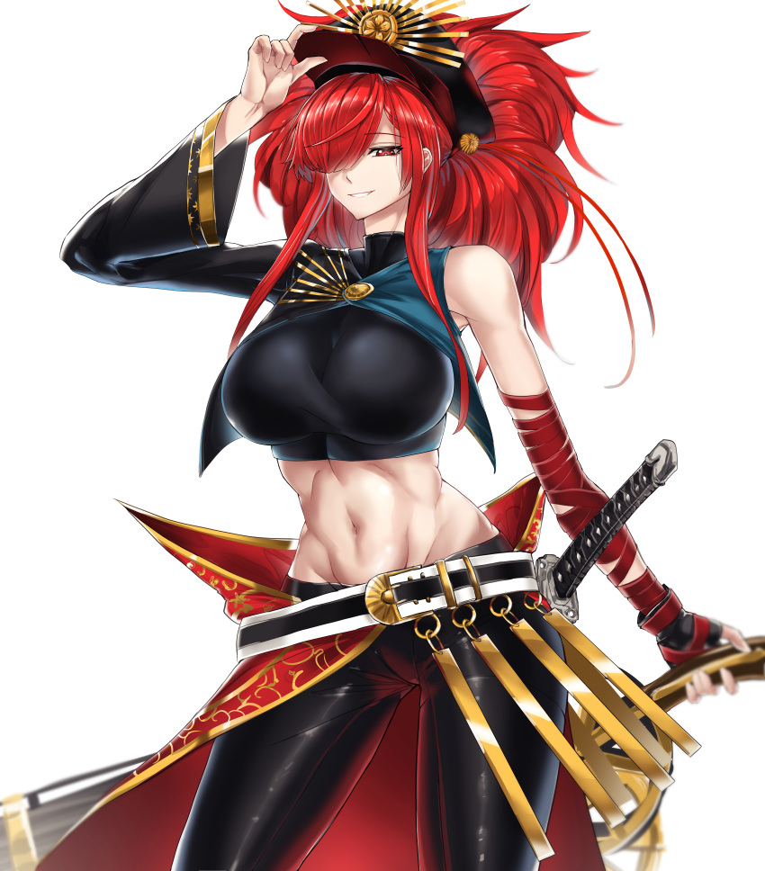 1girl absurdres belt breasts casul cosplay fate/grand_order fate_(series) hair_over_one_eye hat highres huge_filesize katana large_breasts long_hair midriff navel oda_kippoushi_(fate) oda_kippoushi_(fate)_(cosplay) oda_nobunaga_(fate)_(all) oda_nobunaga_(maou_avenger)_(fate) pants red_eyes redhead single_sleeve smile sword weapon white_background