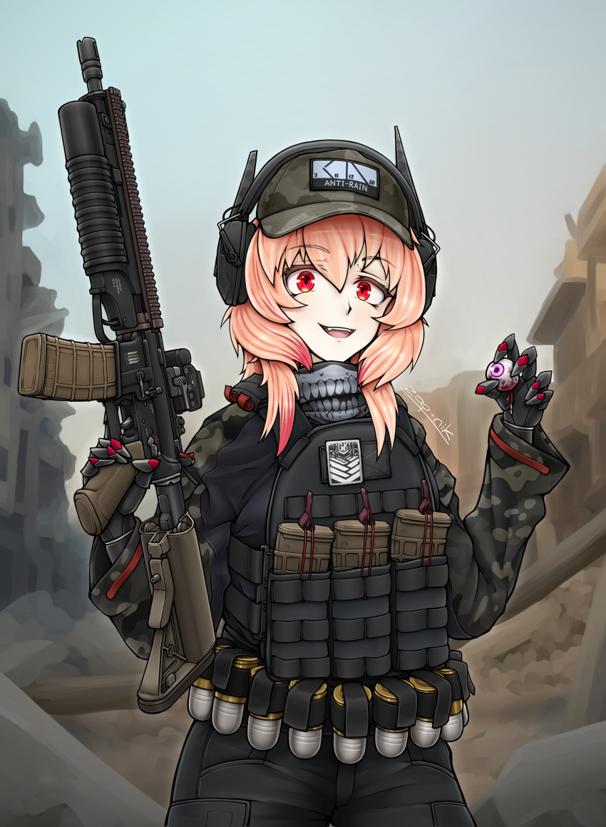 1girl 40mm_grenade absurdres assault_rifle baseball_cap blood commission commissioner_upload ear_protection eyeball girls_frontline grenade_launcher gun hat highres m203 m4_carbine m4_sopmod_ii m4_sopmod_ii_(girls_frontline) magazine_(weapon) mechanical_arms plate_carrier red_eyes rifle ruins trigger_discipline underbarrel_grenade_launcher weapon zap-nik