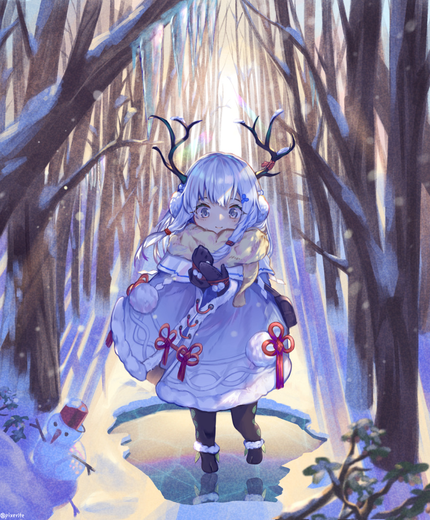 1girl absurdres antlers black_legwear black_mittens coat earmuffs forest full_body fur_trim grey_eyes hands_together highres long_hair mittens nature original outdoors pantyhose pixerite scarf silver_hair smile snow snowing snowman solo tree white_coat white_scarf